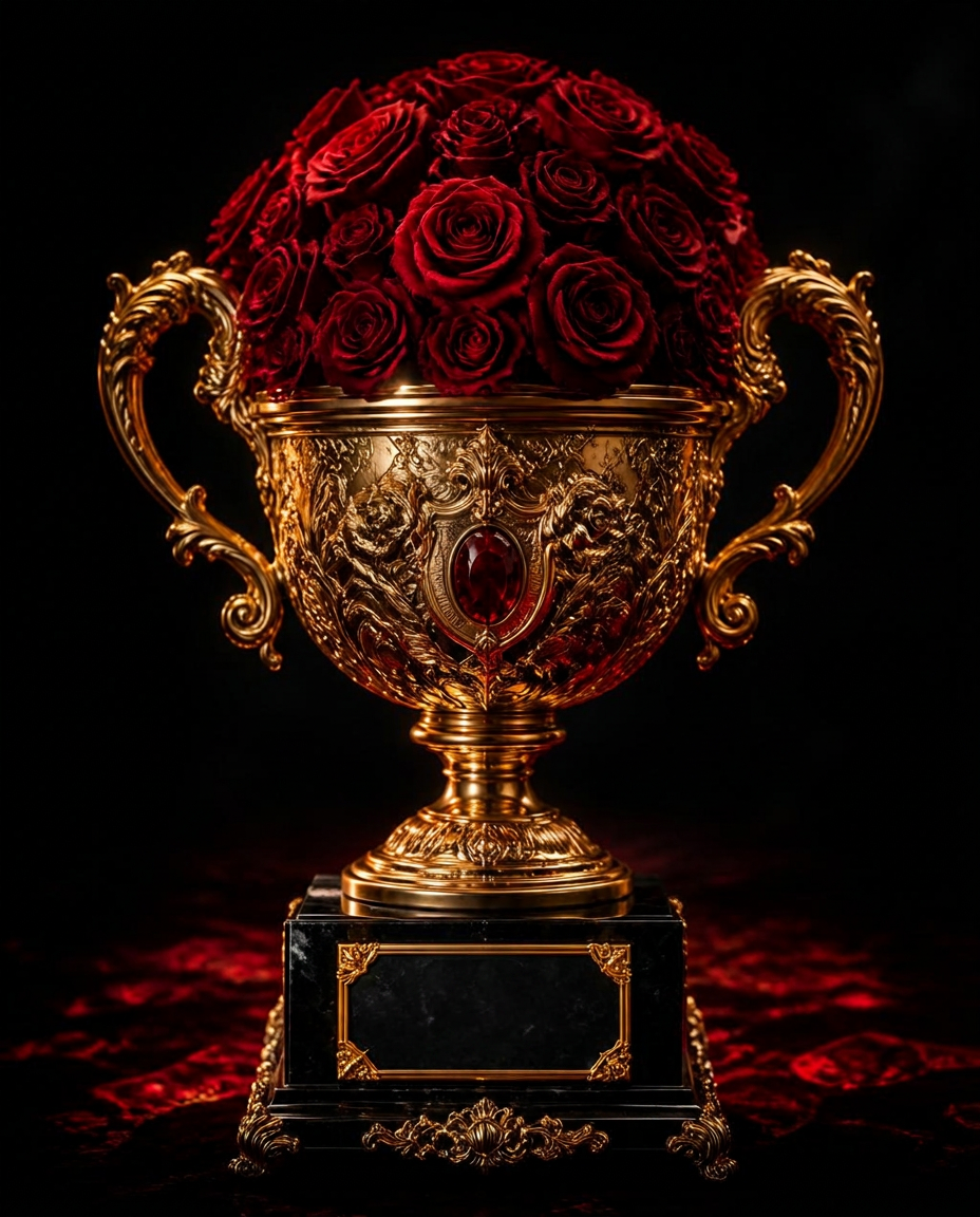 The Cupid League trophy — a golden chalice overflowing with red roses